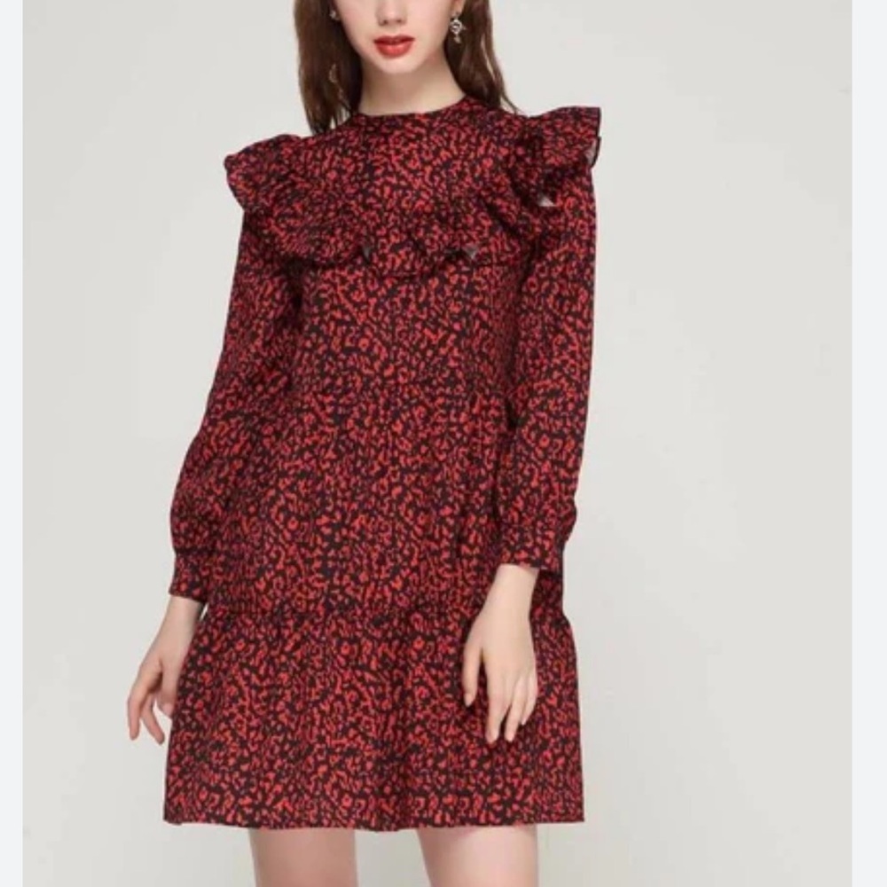 Vindam mini mid dress ruffled red & black leopard print‎ long sleeve size large